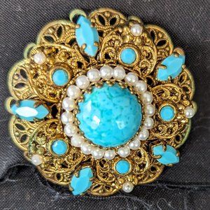 Vintage Gold and Turquoise Brooch